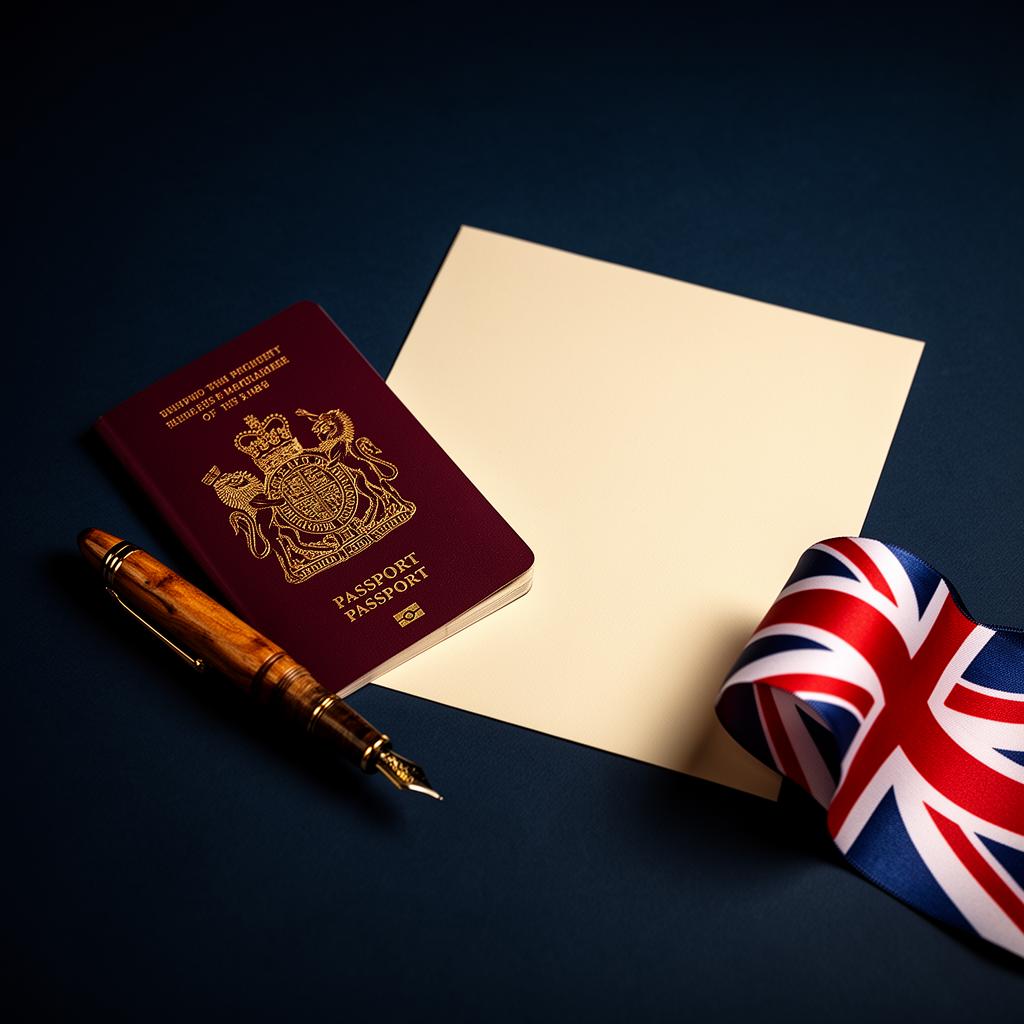 A UK passport, fountain pen and Union Jack ribbon on a dark navy surface